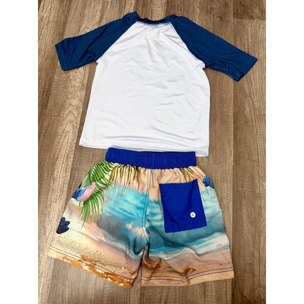 Disney Lilo & Stitch Kids Swim Set Rash Guard & Trunks Blue White Size 4/5